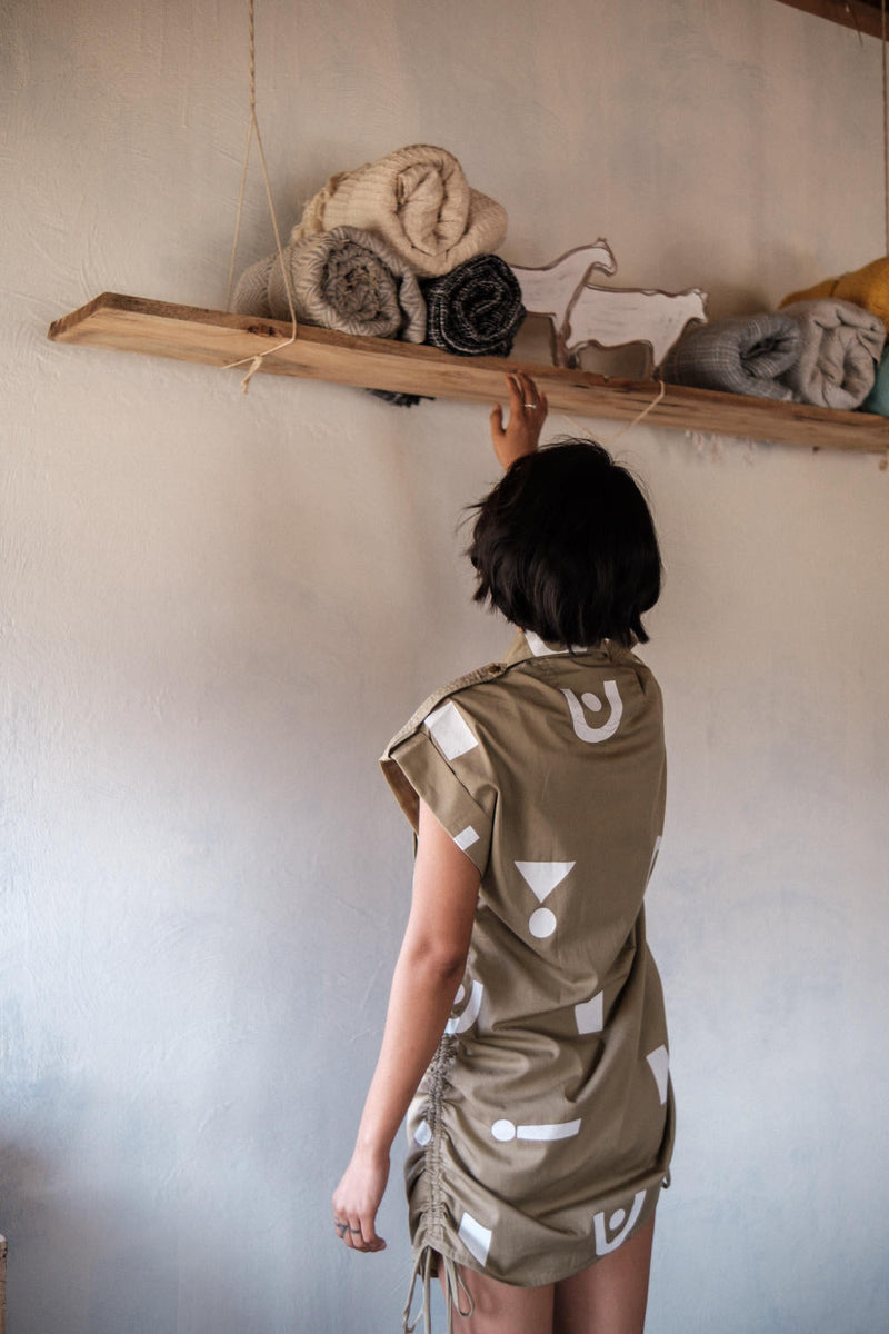 Sunrise gather shirt-Khaki Triangle Printed cotton by The Terra Tribe for women Worldwide