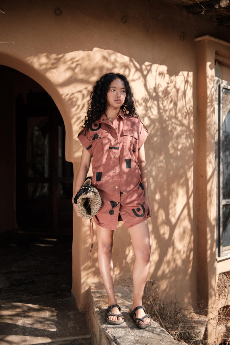 Sunrise gather shirt-Copper Triangle Printed cotton by The Terra Tribe for women Worldwide