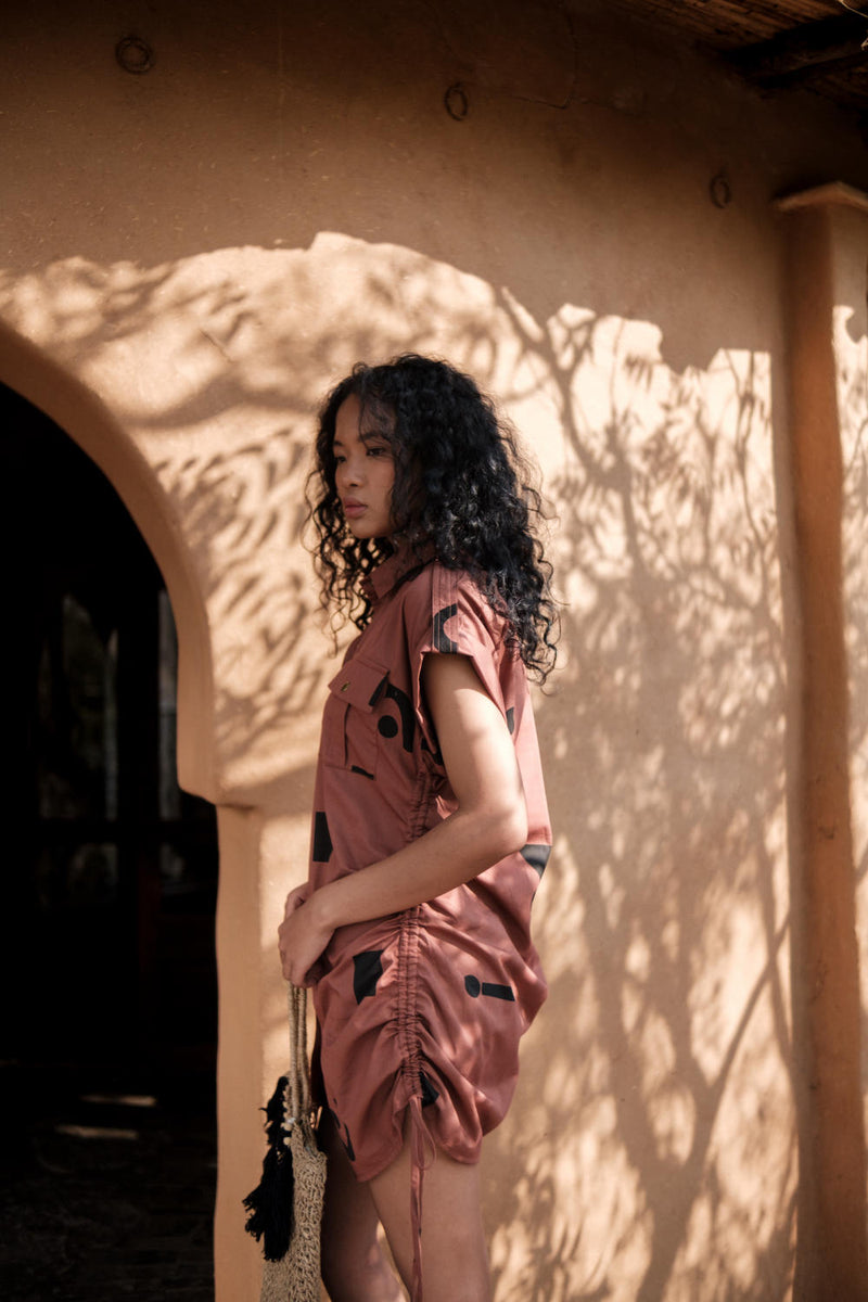 Sunrise gather shirt-Copper Triangle Printed cotton by The Terra Tribe for women Worldwide