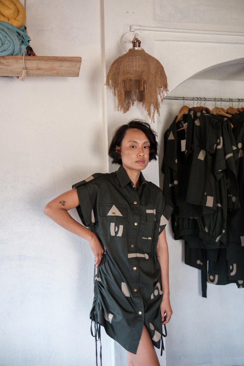 Sunrise gather shirt-Deep Green Line Printed cotton by The Terra Tribe in green color for women Worldwide