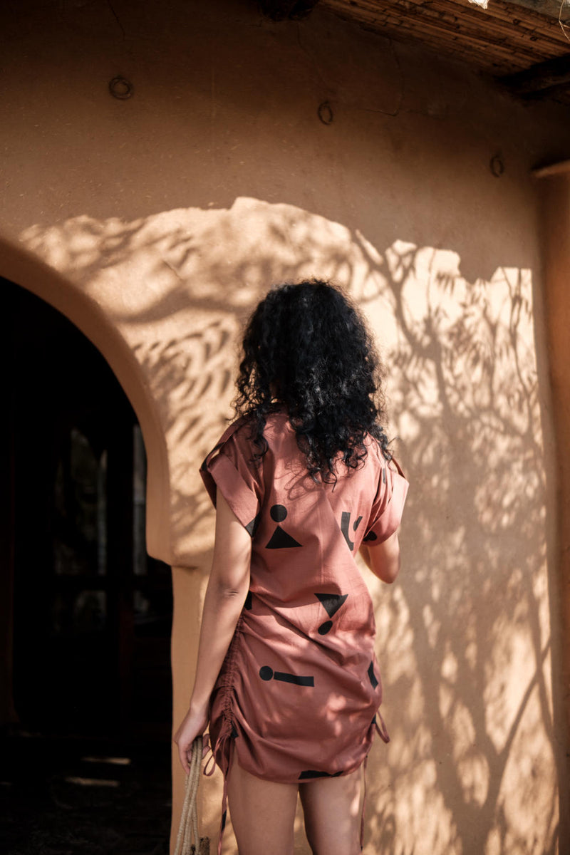 Sunrise gather shirt-Copper Triangle Printed cotton by The Terra Tribe for women Worldwide