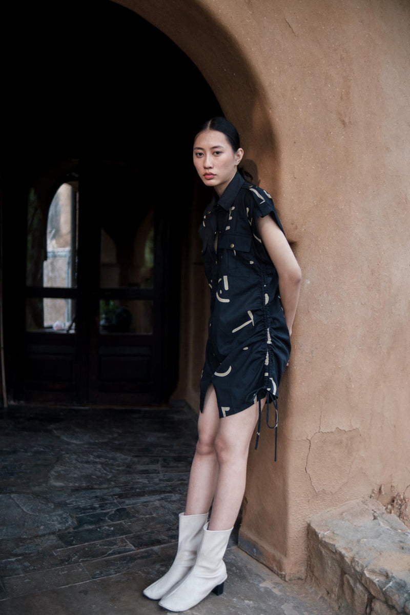 Sunrise gather shirt-Black line Printed cotton by The Terra Tribe in black color for women Worldwide