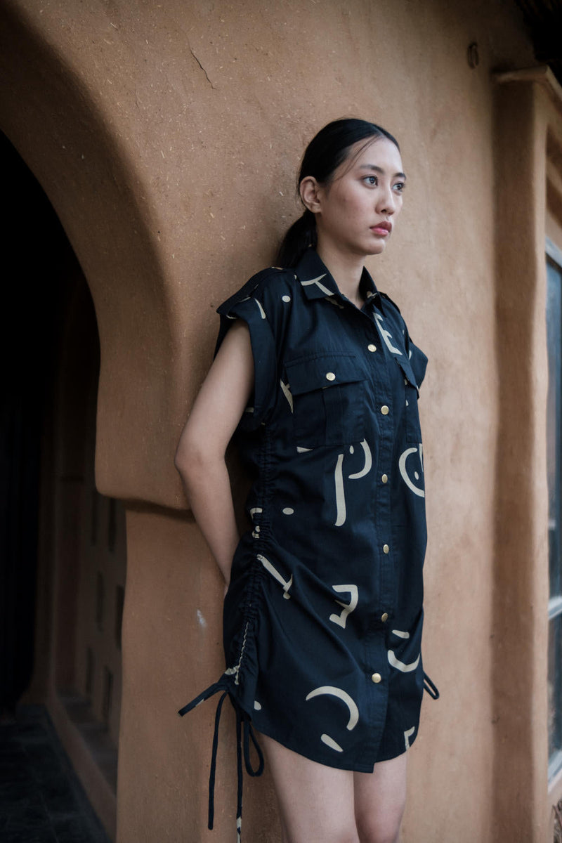Sunrise gather shirt-Black line Printed cotton by The Terra Tribe in black color for women Worldwide