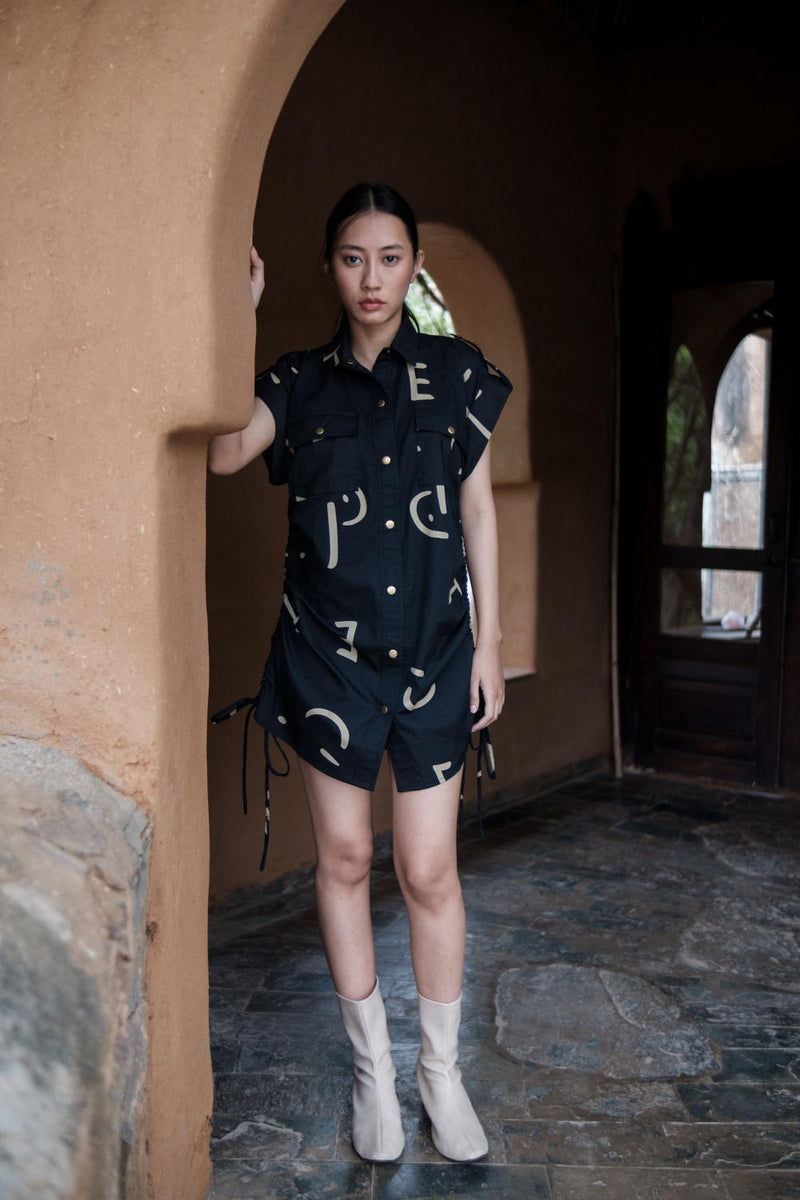 Sunrise gather shirt-Black line Printed cotton by The Terra Tribe in black color for women Worldwide