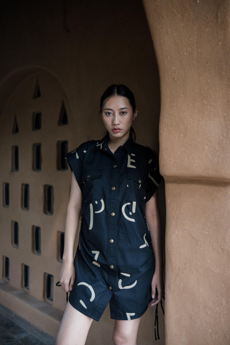 Sunrise gather shirt-Black line Printed cotton by The Terra Tribe in black color for women Worldwide