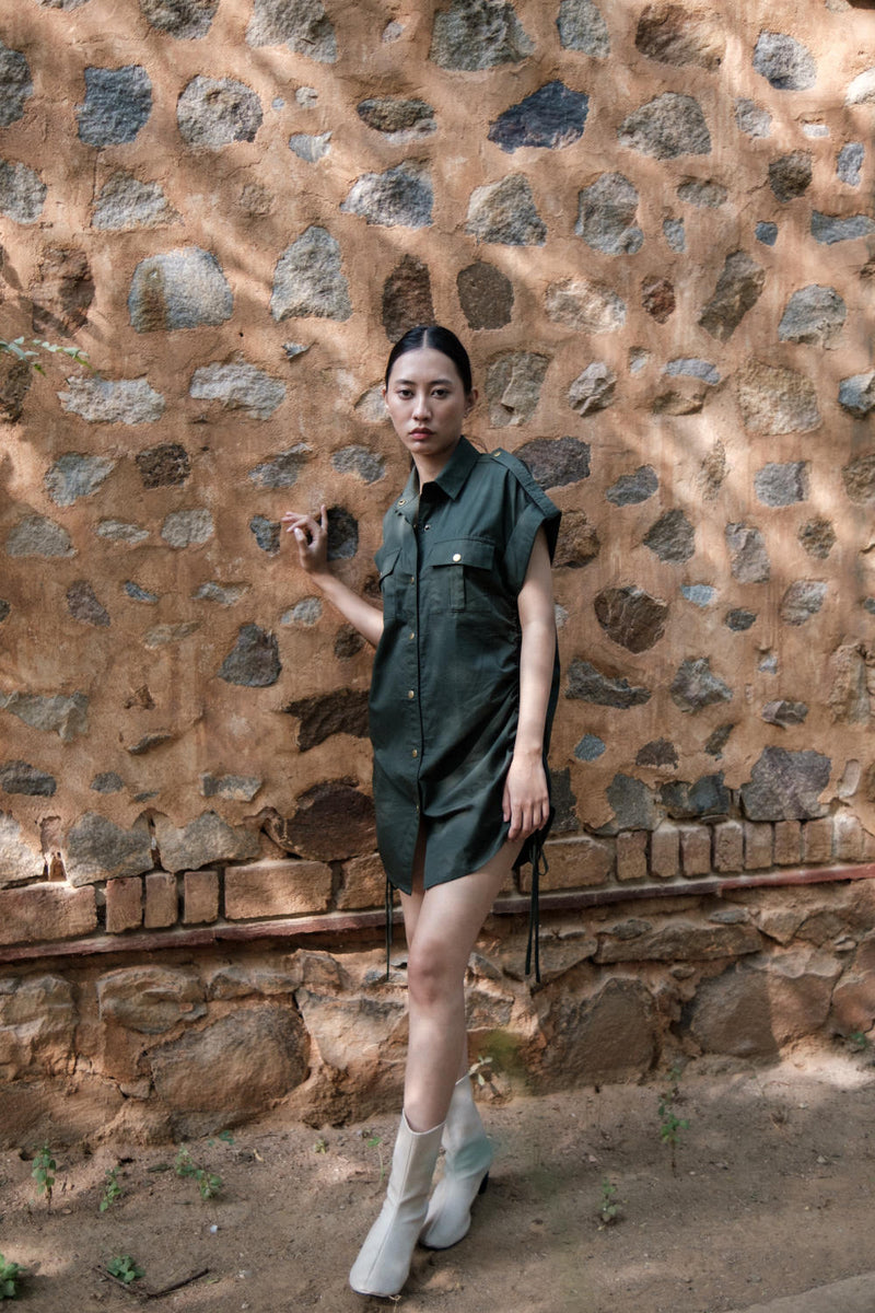 Sunrise gather shirt-Deep Green cotton by The Terra Tribe in green color for women Worldwide