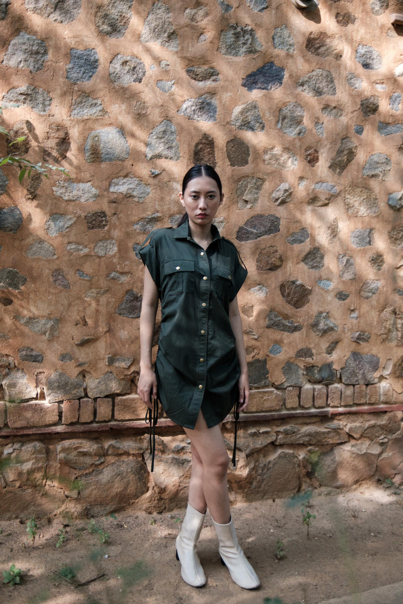 Sunrise gather shirt-Deep Green cotton by The Terra Tribe in green color for women Worldwide
