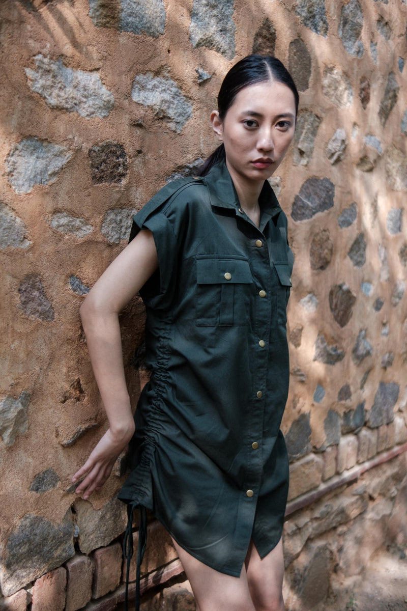 Sunrise gather shirt-Deep Green cotton by The Terra Tribe in green color for women Worldwide