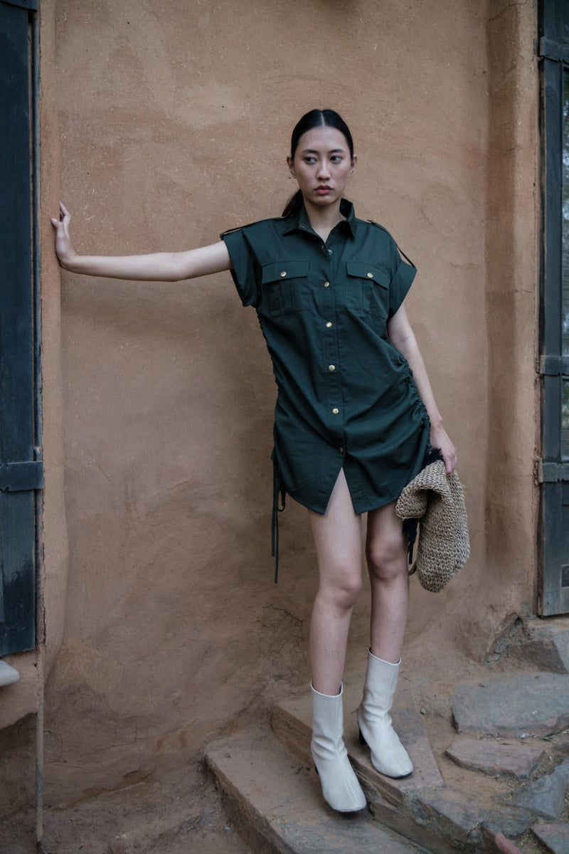 Sunrise gather shirt-Deep Green cotton by The Terra Tribe in green color for women Worldwide