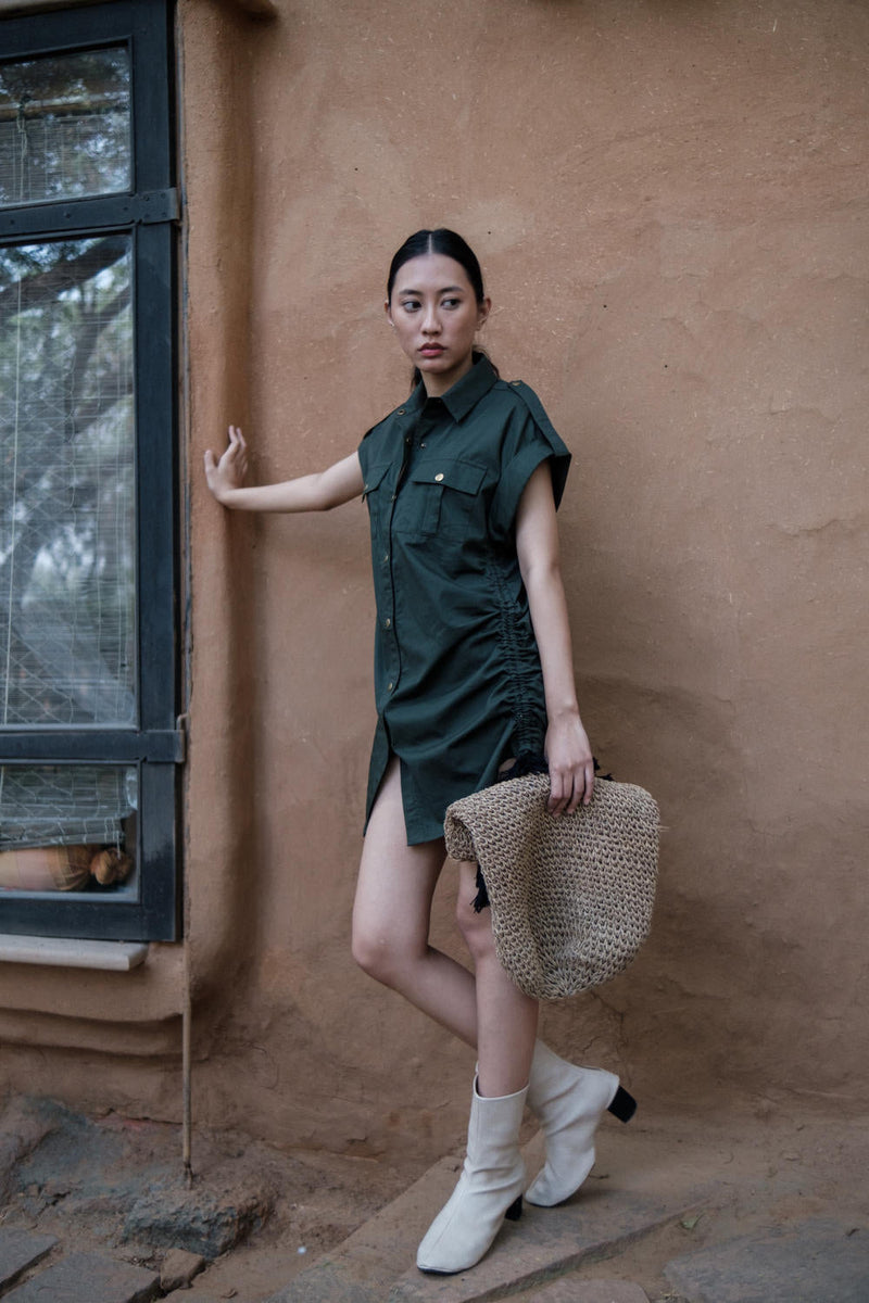 Sunrise gather shirt-Deep Green cotton by The Terra Tribe in green color for women Worldwide