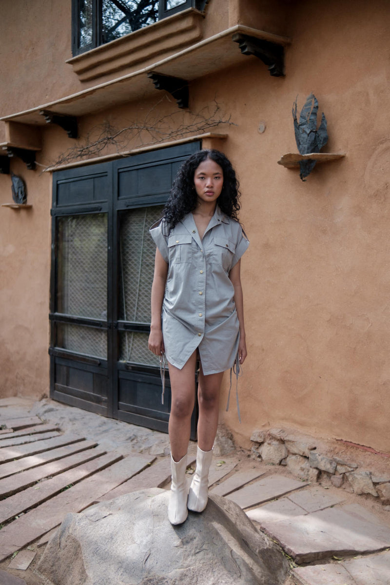 Sunrise gather shirt-Grey cotton by The Terra Tribe in grey color for women Worldwide