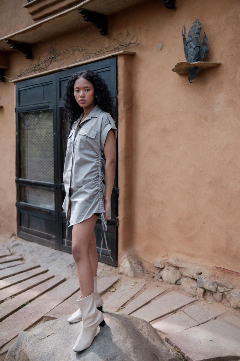 Sunrise gather shirt-Grey cotton by The Terra Tribe in grey color for women Worldwide