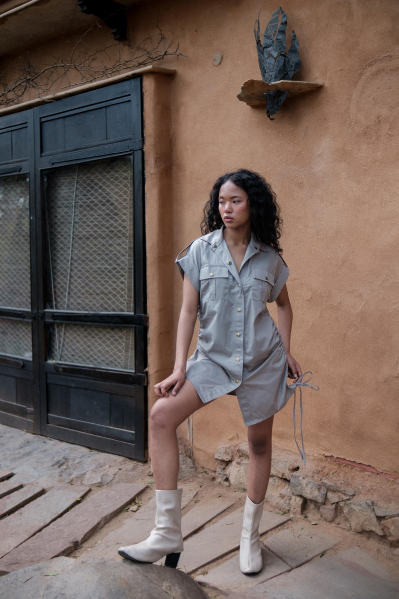 Sunrise gather shirt-Grey cotton by The Terra Tribe in grey color for women Worldwide