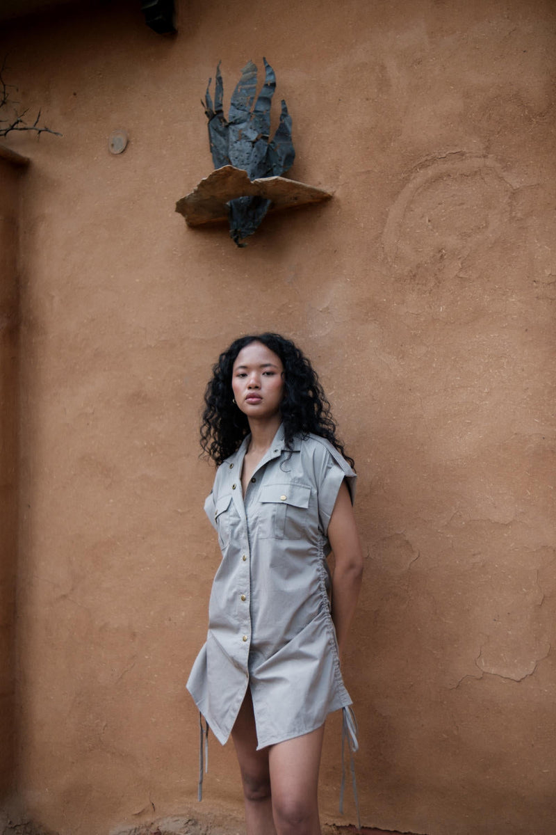 Sunrise gather shirt-Grey cotton by The Terra Tribe in grey color for women Worldwide