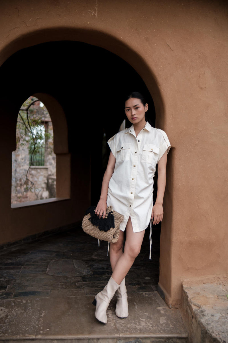 Sunrise gather shirt-Ecru cotton by The Terra Tribe in ecru color for women Worldwide