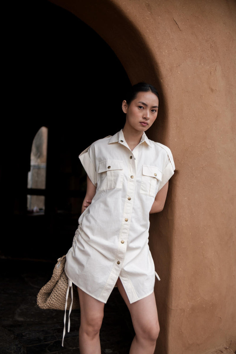 Sunrise gather shirt-Ecru cotton by The Terra Tribe in ecru color for women Worldwide