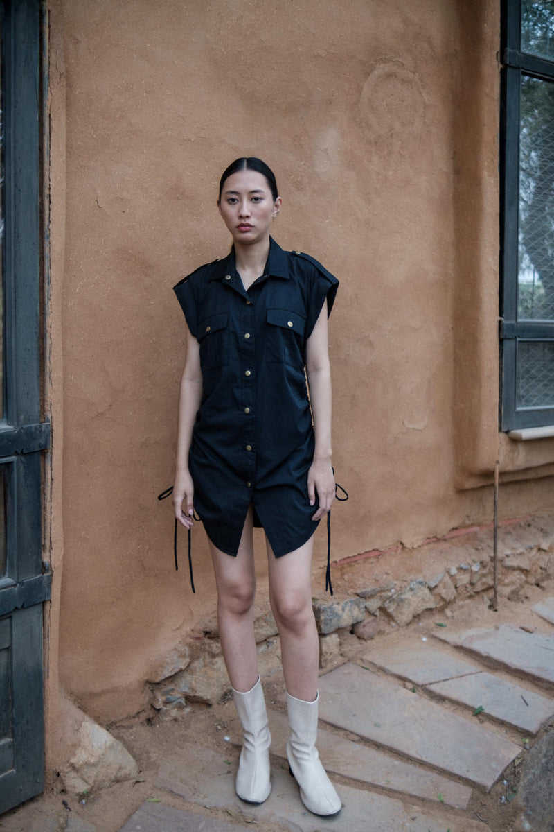 Sunrise gather shirt-Black cotton by The Terra Tribe in black color for women Worldwide