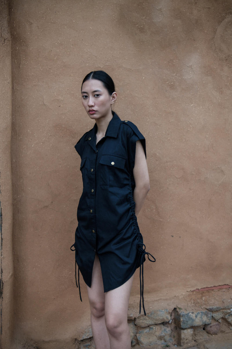 Sunrise gather shirt-Black cotton by The Terra Tribe in black color for women Worldwide