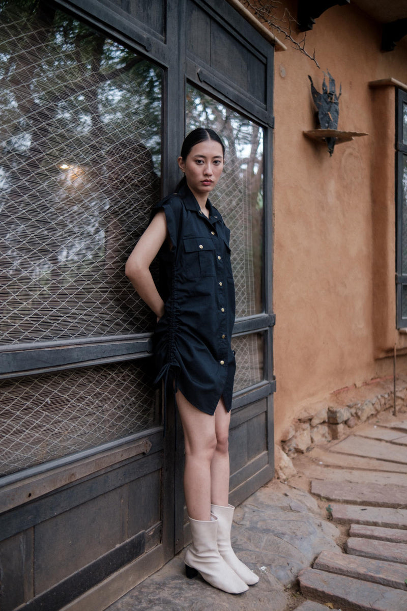 Sunrise gather shirt-Black cotton by The Terra Tribe in black color for women Worldwide