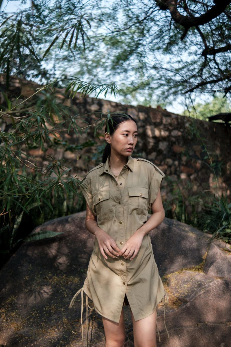 Sunrise gather shirt-Khaki cotton by The Terra Tribe for women Worldwide