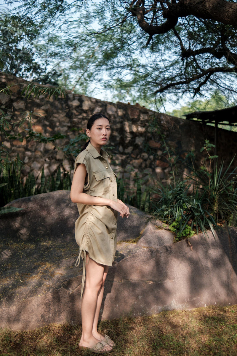 Sunrise gather shirt-Khaki cotton by The Terra Tribe for women Worldwide