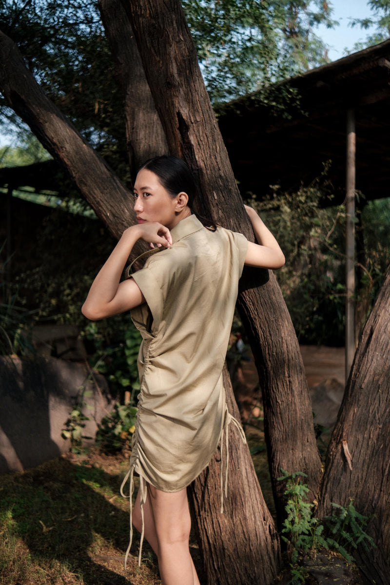 Sunrise gather shirt-Khaki cotton by The Terra Tribe for women Worldwide