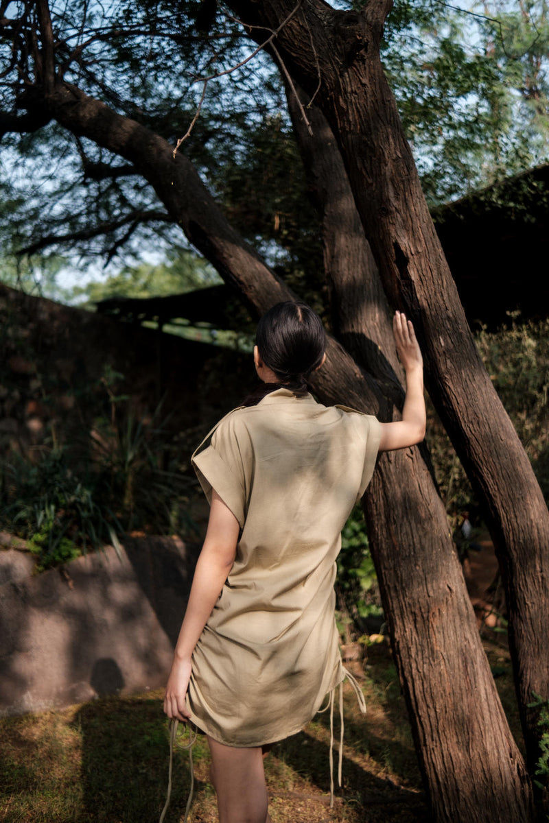 Sunrise gather shirt-Khaki cotton by The Terra Tribe for women Worldwide