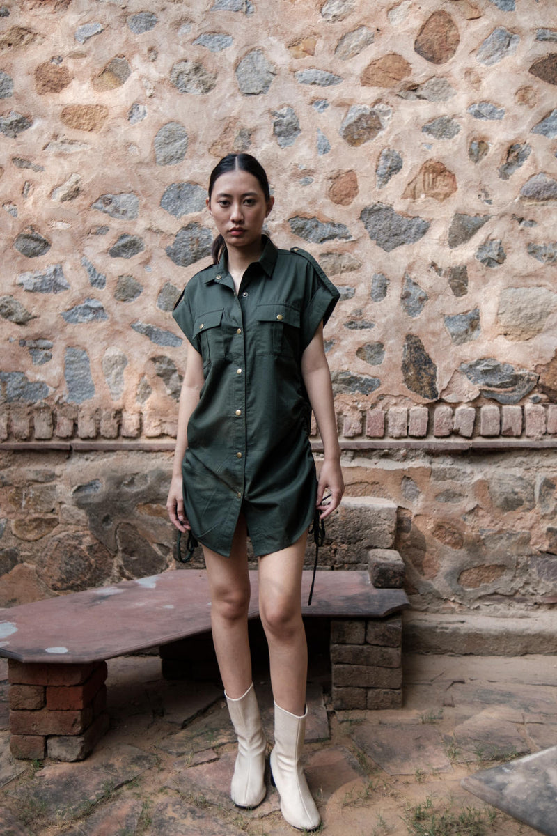 Sunrise gather shirt-Deep Green cotton by The Terra Tribe in green color for women Worldwide