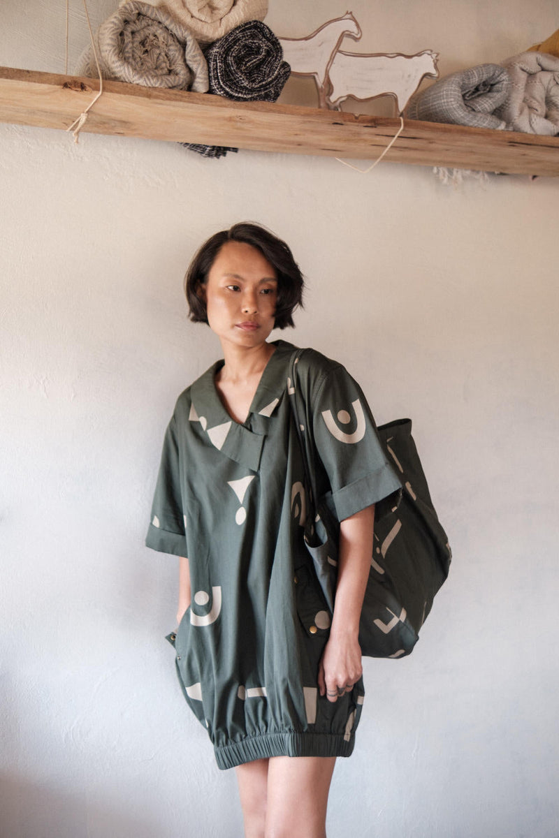 Sydney Shift Dress-Deep Green Triangle Printed cotton by The Terra Tribe in green color for women Worldwide