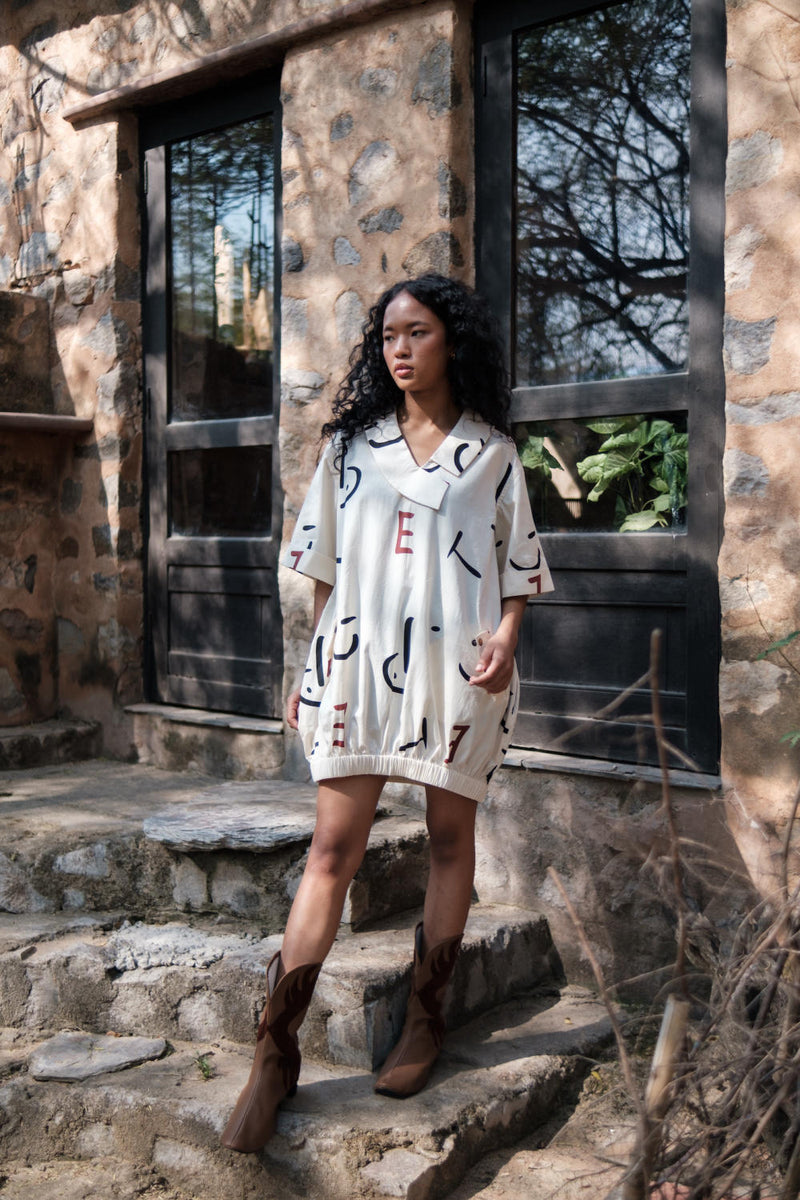 Sydney Shift Dress-Ecru Line Printed cotton by The Terra Tribe in ecru color for women Worldwide