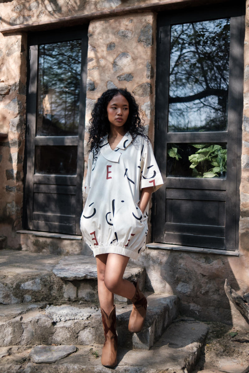 Sydney Shift Dress-Ecru Line Printed cotton by The Terra Tribe in ecru color for women Worldwide