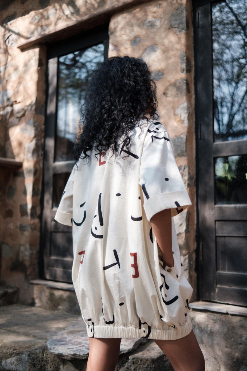 Sydney Shift Dress-Ecru Line Printed cotton by The Terra Tribe in ecru color for women Worldwide