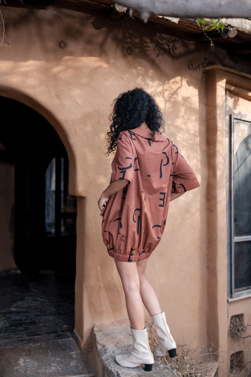 Sydney Shift Dress-Copper Line Printed cotton by The Terra Tribe for women Worldwide