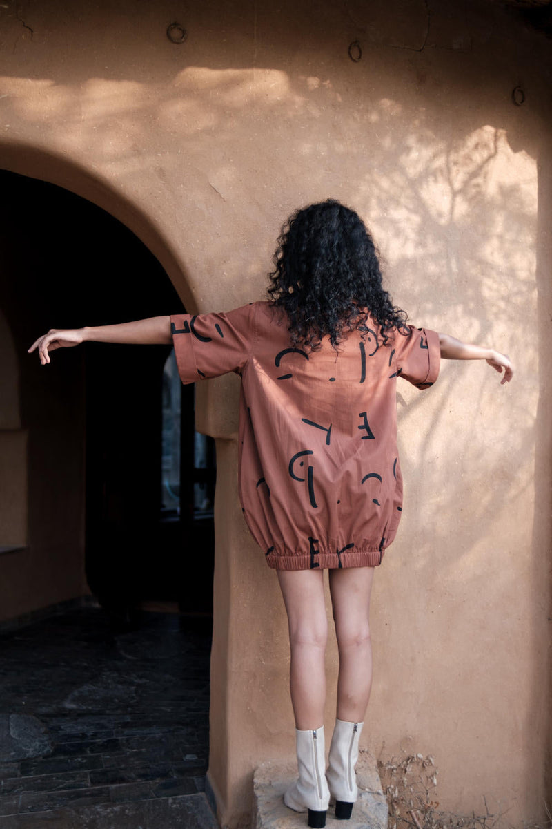 Sydney Shift Dress-Copper Line Printed cotton by The Terra Tribe for women Worldwide