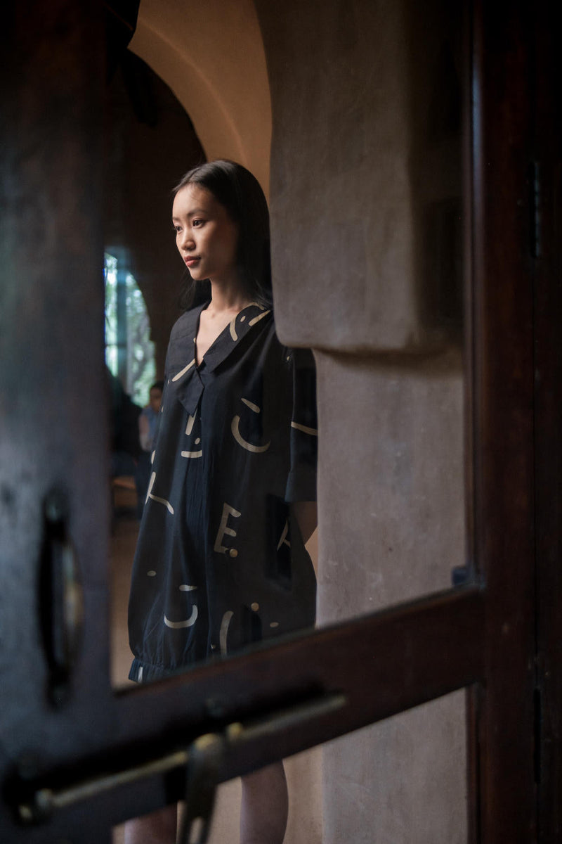 Sydney Shift Dress-Black Line Printed cotton by The Terra Tribe in black color for women Worldwide