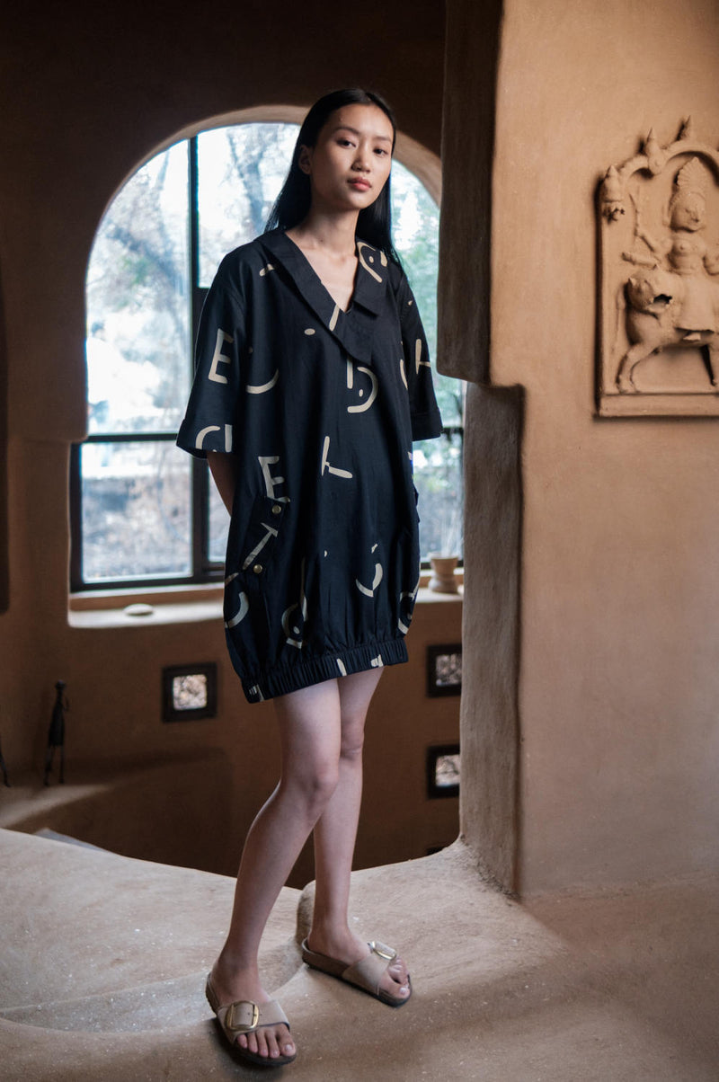 Sydney Shift Dress-Black Line Printed cotton by The Terra Tribe in black color for women Worldwide