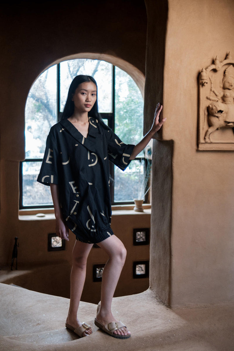 Sydney Shift Dress-Black Line Printed cotton by The Terra Tribe in black color for women Worldwide