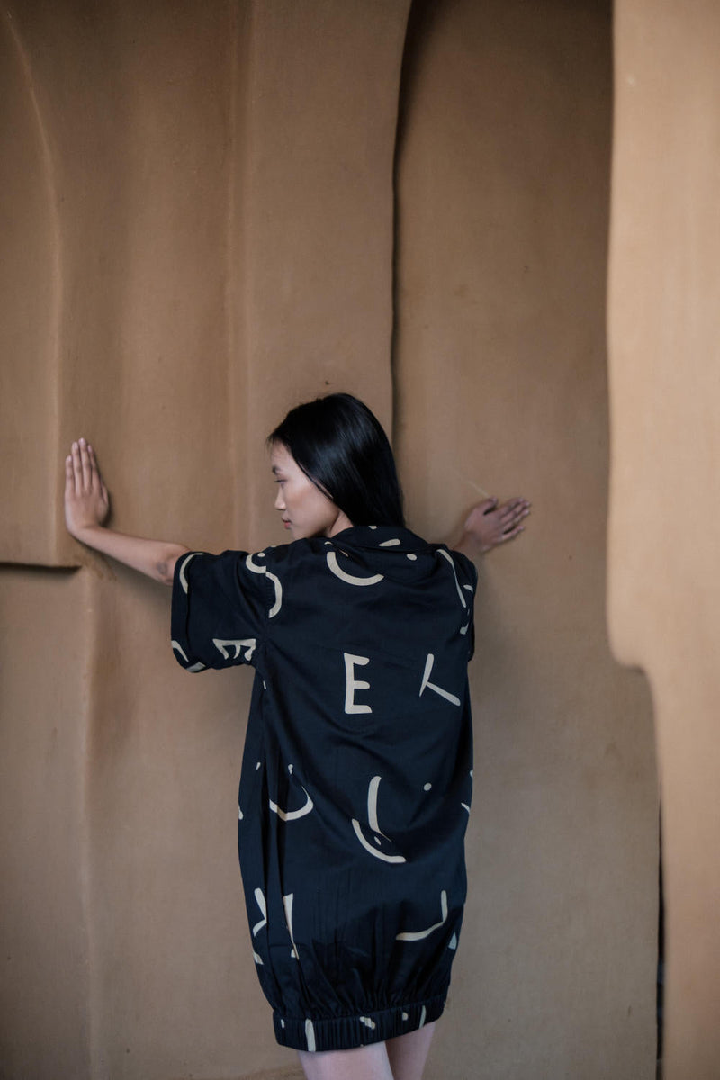 Sydney Shift Dress-Black Line Printed cotton by The Terra Tribe in black color for women Worldwide