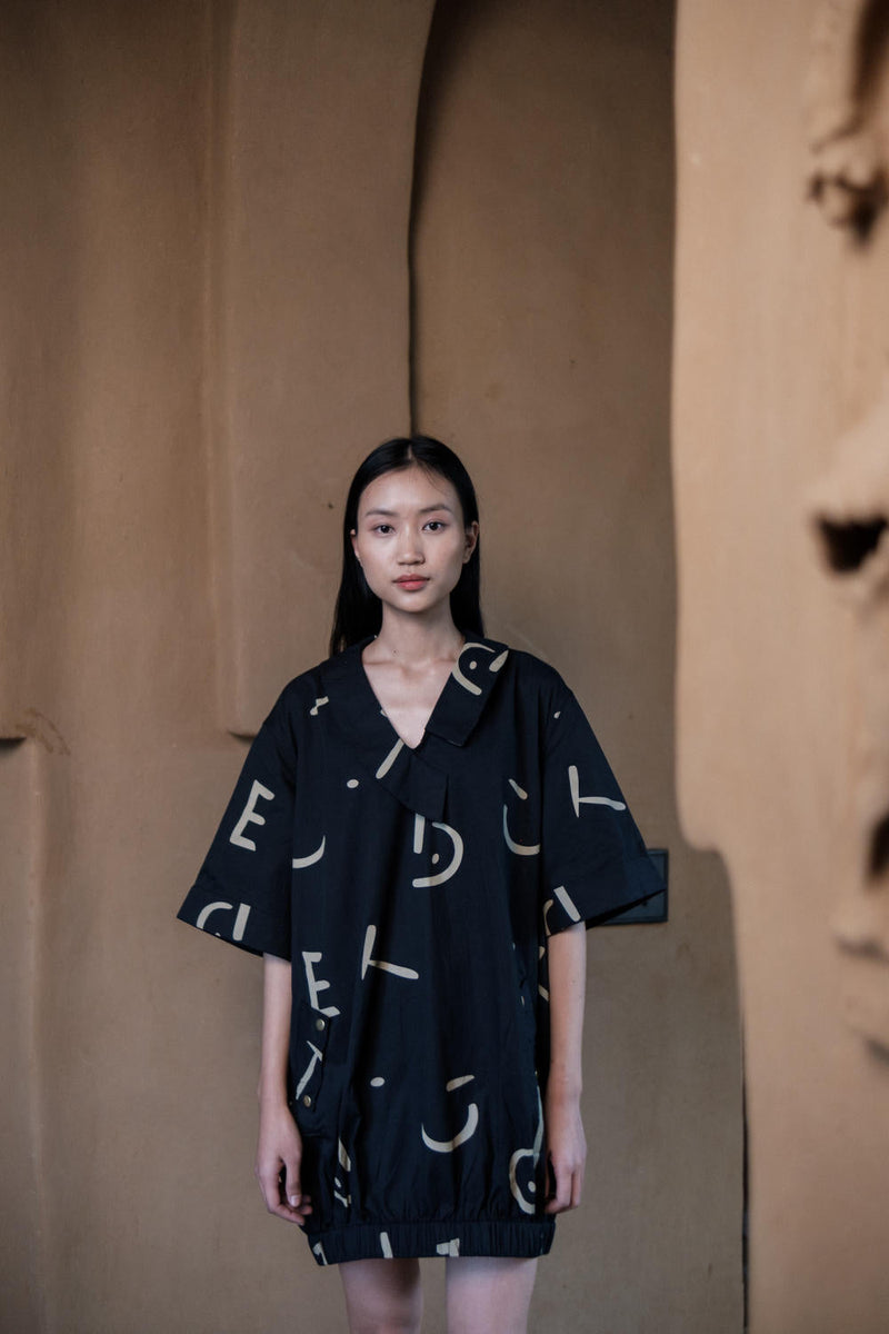 Sydney Shift Dress-Black Line Printed cotton by The Terra Tribe in black color for women Worldwide