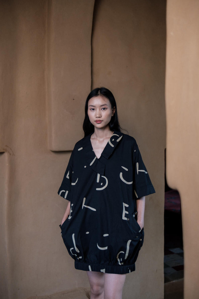Sydney Shift Dress-Black Line Printed cotton by The Terra Tribe in black color for women Worldwide