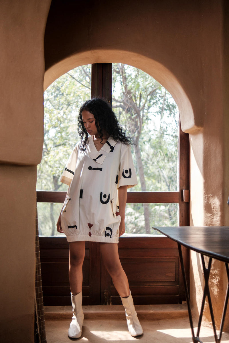 Sydney Shift Dress-Ecru Triangle Printed cotton by The Terra Tribe in ecru color for women Worldwide
