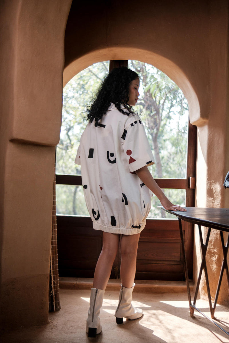 Sydney Shift Dress-Ecru Triangle Printed cotton by The Terra Tribe in ecru color for women Worldwide