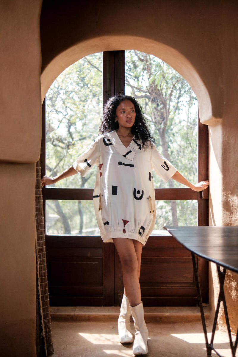 Sydney Shift Dress-Ecru Triangle Printed cotton by The Terra Tribe in ecru color for women Worldwide