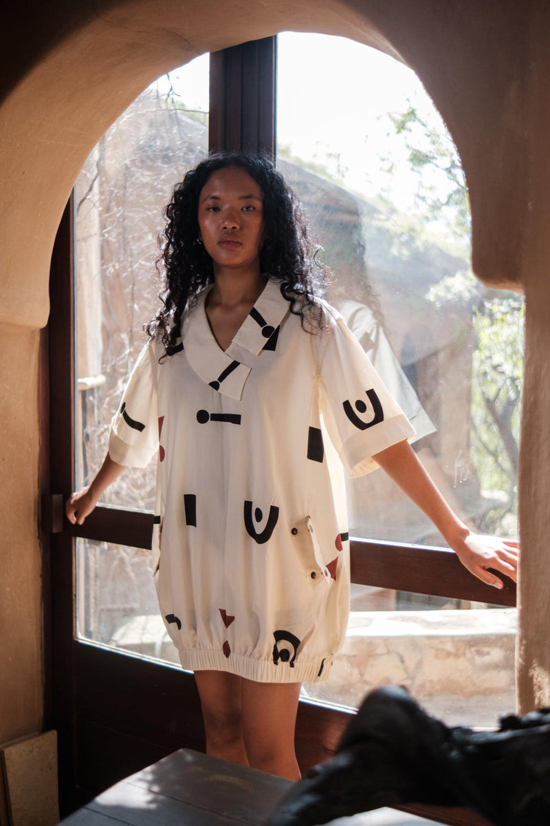 Sydney Shift Dress-Ecru Triangle Printed cotton by The Terra Tribe in ecru color for women Worldwide