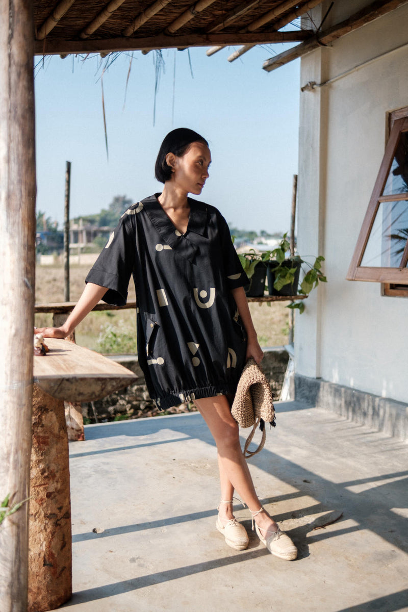 Sydney Shift Dress-Black Triangle Printed cotton by The Terra Tribe in black color for women Worldwide