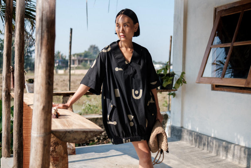 Sydney Shift Dress-Black Triangle Printed cotton by The Terra Tribe in black color for women Worldwide