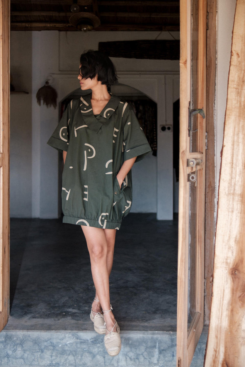 Sydney Shift Dress-Deep Green Line Printed cotton by The Terra Tribe in green color for women Worldwide