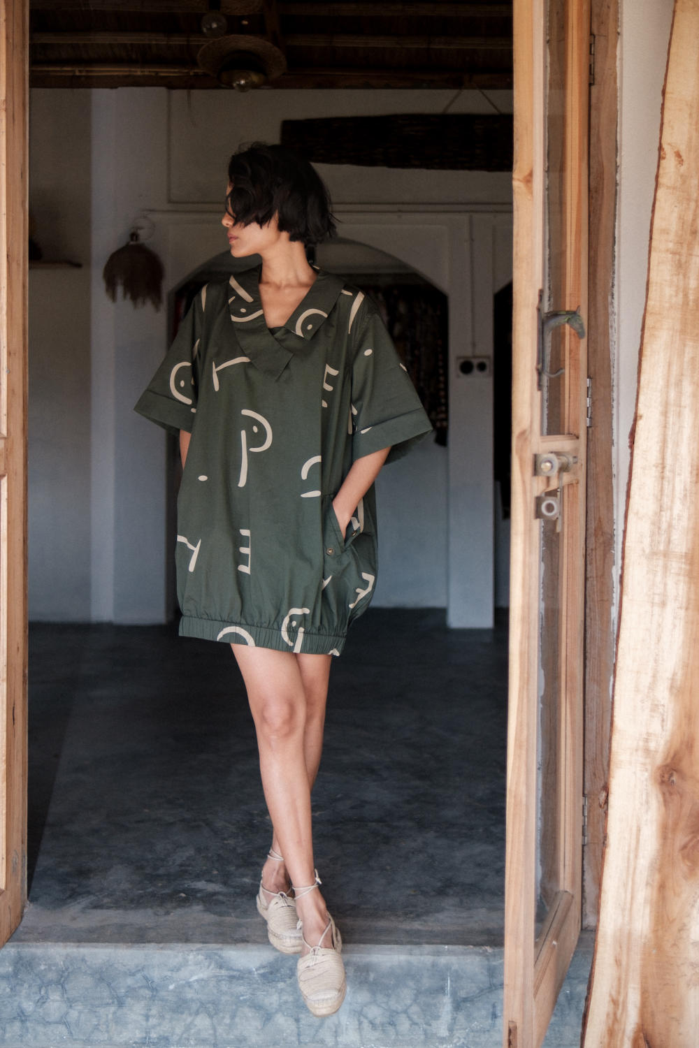 Sydney Shift Dress-Deep Green Line Printed