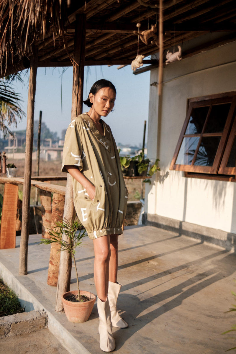 Sydney Shift Dress-Khaki Line Printed cotton by The Terra Tribe for women Worldwide