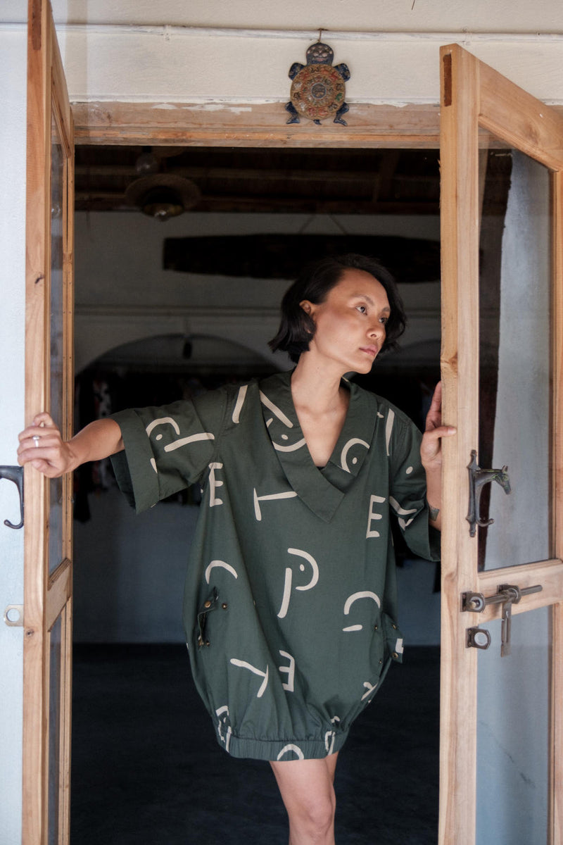 Sydney Shift Dress-Deep Green Line Printed cotton by The Terra Tribe in green color for women Worldwide